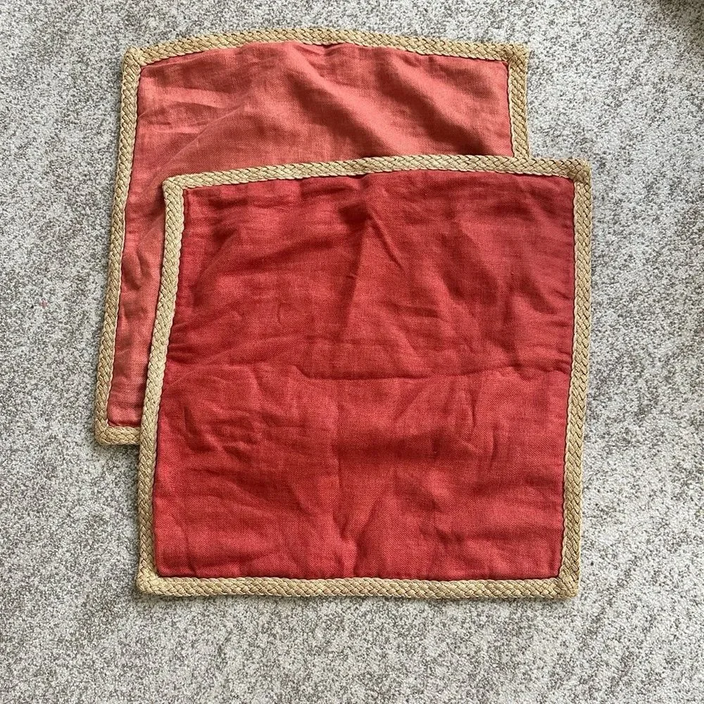 Pottery Barn Rust & Tan Raffia Trimmed Pillow Covers 20”x20”